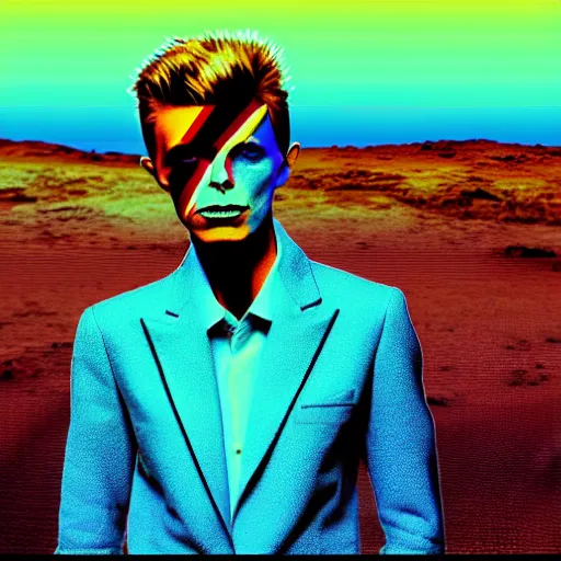 Prompt: glitch art of David Bowie on Mars. Vaporwave style.