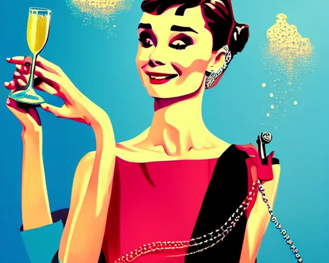 Prompt: teenage audrey hepburn in art deco style, champagne commercial, artstation, illustration, bright, cheerful, detailed and intricate environment