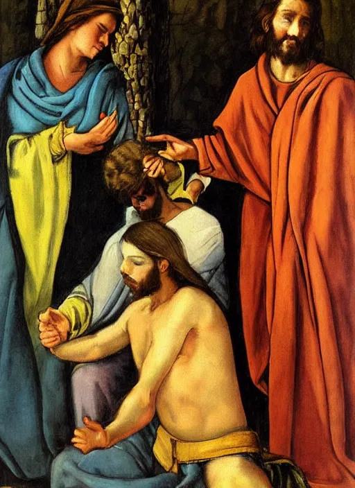 Prompt: vintage beautiful painting of Judas’s apology to Jesus with a pear in Mary Cassatt style