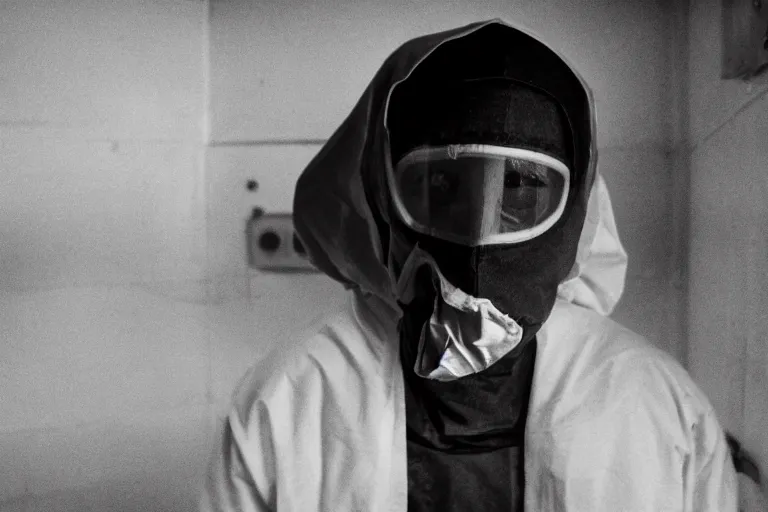 Image similar to a cinematic portrait of a prisoner dressed in a a black and white hazmat suit, in a small prison cell, dust storm, annie leibovitz and zack snyder, 8 k, hd, high resolution, 8 5 mm, red and white color theme, f / 1. 8