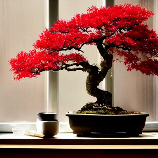 Image similar to photo of a red maple bonsai in a kitchen, next to a window, beautiful, high detail, cinematic,