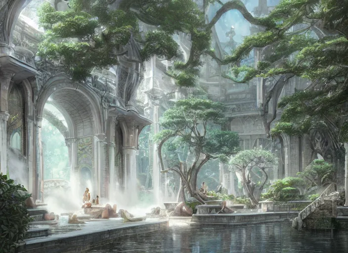 Prompt: A bathhouse in a beautiful elven city made of white marble, anime, lush trees, fountain, a fantasy digital painting by Greg Rutkowski and James Gurney, trending on Artstation, highly detailed