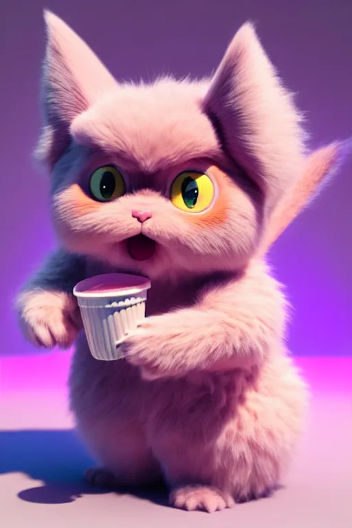 Image similar to high quality 3 d render hyperrealist very cute pastel fluffy! grumpy gargoyle cat hybrid eating giant ice cream full body, vray smooth, in the style of detective pikachu, hannah yata charlie immer, dramatic pink light, low angle, uhd 8 k, sharp focus