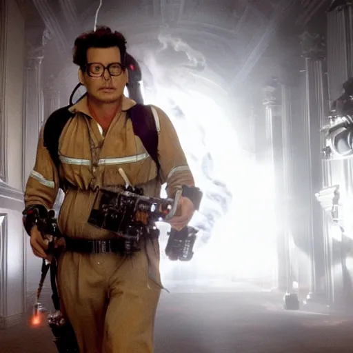 Image similar to stunning awe inspiring johnny depp as a ghostbuster in the movie ghostbusters, movie still 8 k hdr atmospheric lighting