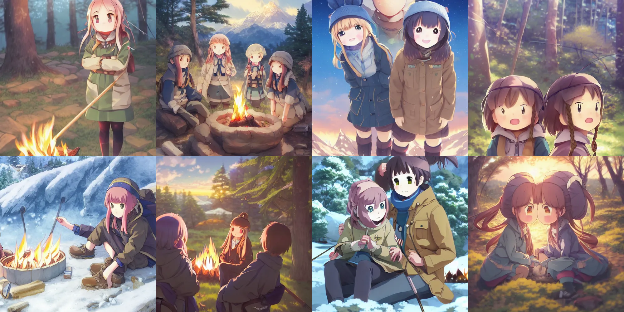 Prompt: anime yuru camp yama no susume cute girls around campfire trending on artstation hyperdetailed eyes cute moe Unreal Engine 4k 8k ultra HD illustration digital pixiv concept art manga cover by Stanley Artgerm Lau, WLOP, Rossdraws, James Jean, Andrei Riabovitchev, Marc Simonetti, and Sakimichan