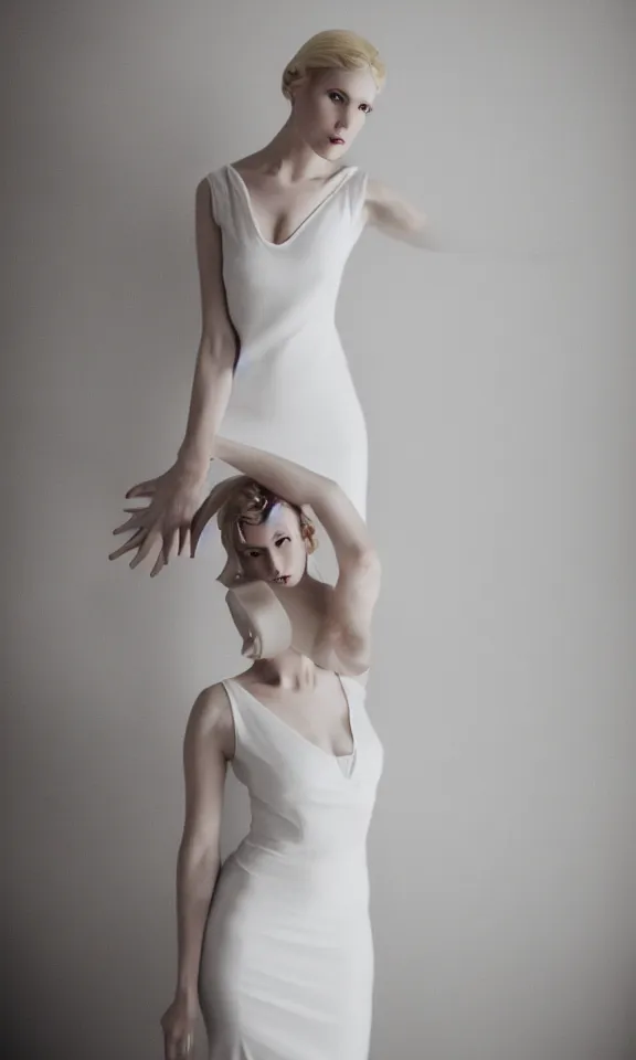 Image similar to photo of gorgeous seductive tall emily skinner cosplaying annie leonhart wearing elegant white dress, wearing open toe heels, in a white room, beautiful face, pale skin, rule of thirds, cinematic lighting, sharp focus, backlit, stunning, smooth, hard focus, full body shot, studio photo, shot on sony a 7 iii
