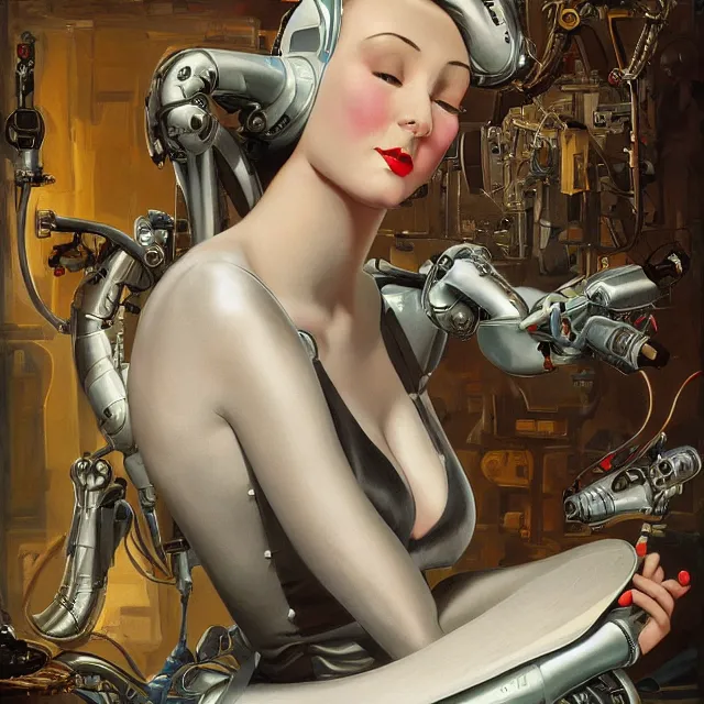 Prompt: robot artist painting a self - portrait on a canvas. intricate, highly detailed, digital matte painting in the style of gil elvgren and in the style of h. r. giger and in the style of anna dittmann. irony, recursion, inspiration.