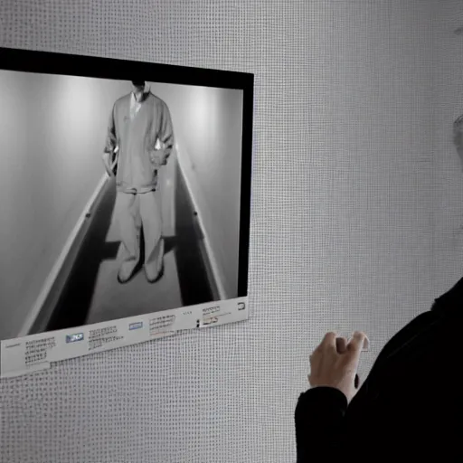 Image similar to art curator looking at a screen with a chat interface, recursive, in the style of grand chamaco and stanley kubrick, inspired by y - 3, photorealistic, epic, super technical, cinematic still