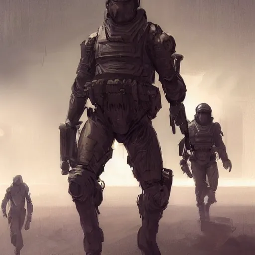 Image similar to concept art by greg rutkowski, soldiers in futuristic tactical gear, running around the outside of a space colony, futuristic, brutalistic environment, scifi, detailed and intricate environment, reddish lighting, stressful atmosphere, high technology, highly detailed portrait, digital painting, artstation, concept art, smooth, sharp foccus ilustration, artstation hq.