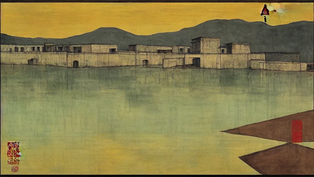 Image similar to a chinese prison near a river by peter doig, muted colors