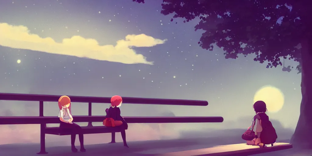 Image similar to lonely girl sitting on a bench waiting at a train station, evening, detailed matte painting, low angle view, telephoto lens, bokeh, studio ghibli, artstation