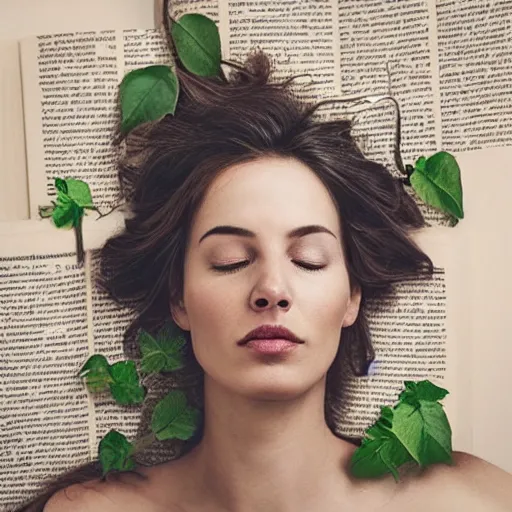 Image similar to “ very photorealistic photo of vines growing out of a woman ’ s book as she sleeps, award - winning details ”