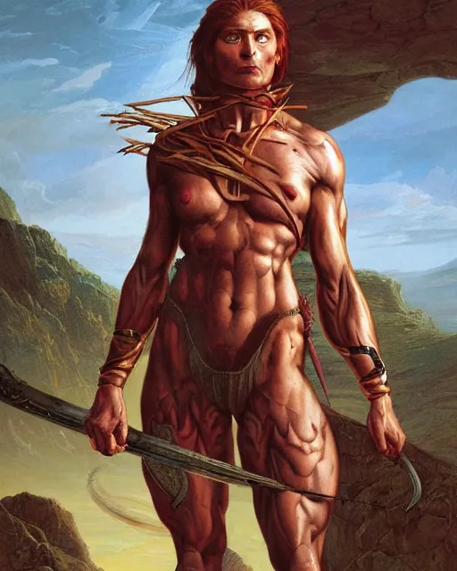 Image similar to a portrait of a muscular female warrior by boris valejo and Thomas Cole and Wayne Barlowe