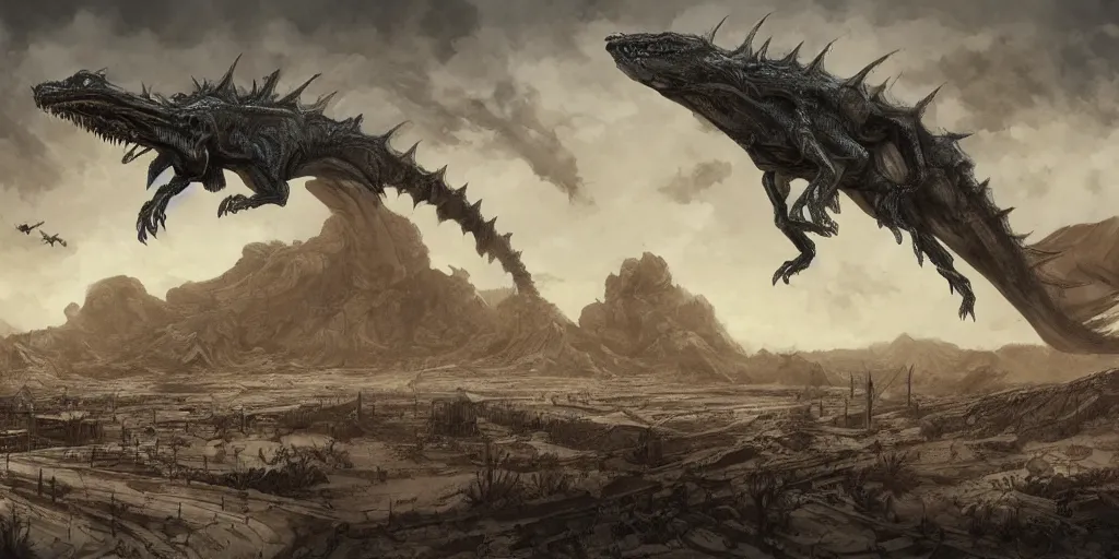 Image similar to one giger wyvern attacking desert city, in style of federico pelat and greg rutkowski