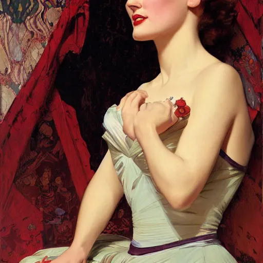 Prompt: portrait of a beautiful woman, intricate, elegant, highly detailed, by gil elvgren, by greg manchess, by mucha, by ruan jia