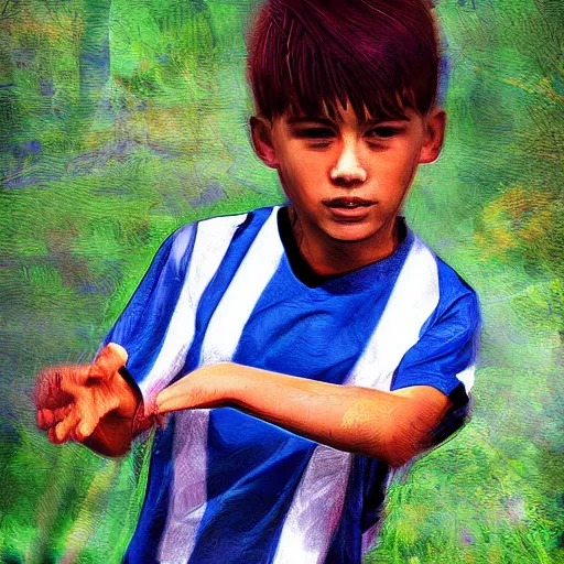 Prompt: a young boy wearing soccer clothes in the park, digital art