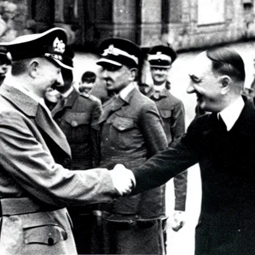 Image similar to A still of Mr Bean shaking hands with Hitler