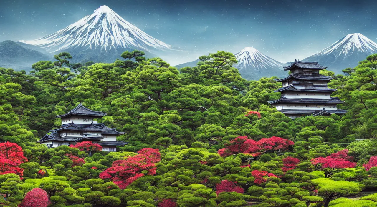 Prompt: digital art of a Japanese castle, with a garden as foreground, with mountains as background