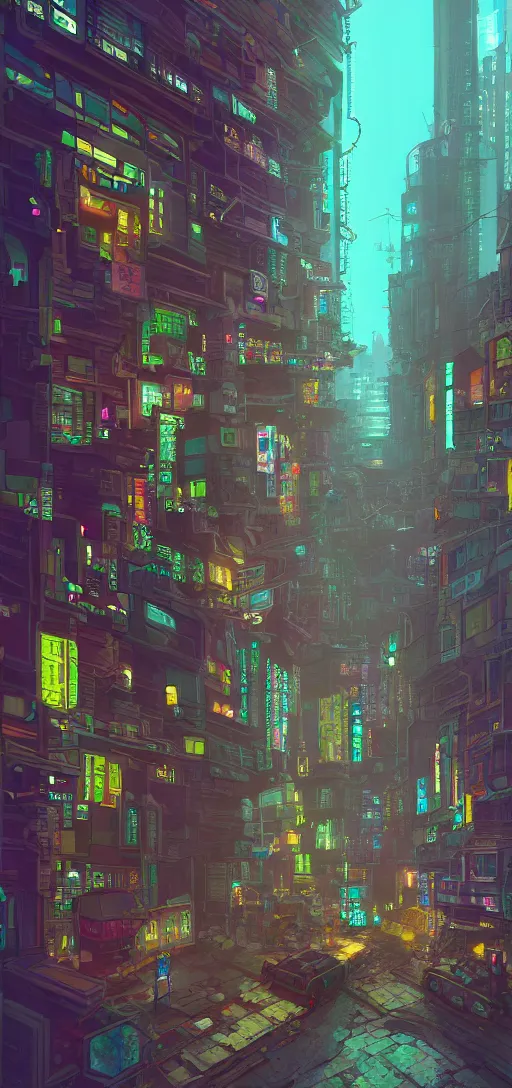 Image similar to A beautiful painting of the most emblematic facade of a cyberpunk gotic, pixelart by Studio Ghibli and Moebius, octane render, zbrush, extremely detailed, pastel colors, trending on artstation