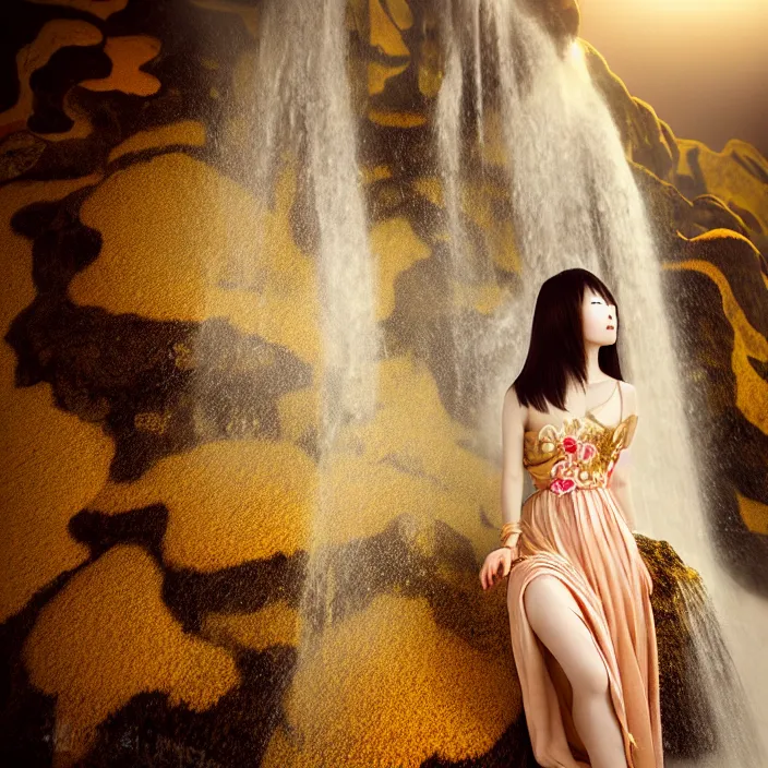 Image similar to Kodak Portra 400, 8K, soft light, volumetric lighting, highly detailed, Rena Nounen style 3/4 ,portrait photo of a Japanese ravishing Goddess by WLOP, the face emerges from a lava flowing gold travertine terraces with lotus flowers, inspired by Ophelia paint , a beautiful chic dress and hair are intricate with highly detailed realistic beautiful flowers , Realistic, Refined, Highly Detailed, ethereal lighting colors scheme, outdoor fine art photography, Hyper realistic, photo realistic