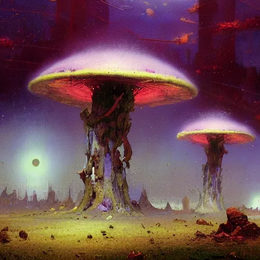 Image similar to a lovely picture of a mycelium alien by john berkey, by george inness, by john harris, purple and red and white gradient colour theme, trending on deviantart, rendered in blender, 8 k resolution