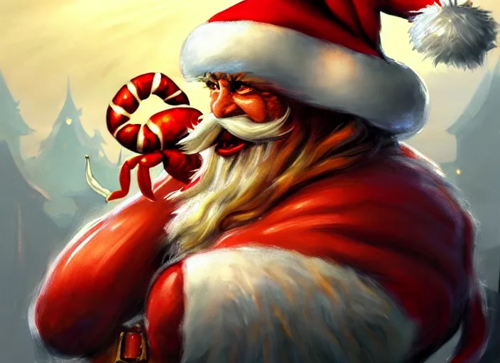 Image similar to magic : the gathering fantasy character concept art of anthropomorphic lobster wearing a christmas hat, by franz frazetta and marco bucci, high resolution. a clear portrait of powerful lobster impersonating santa, magical christmas wonderland in background, fantasy coloring, intricate, digital painting, artstation, smooth, sharp focus