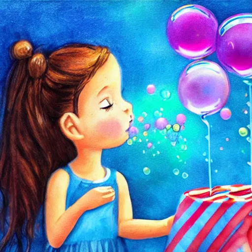 Prompt: a little girl in a beautiful garden blowing bubbles. beautiful cartoon painting art, high quality, detailed face, on a birthday card