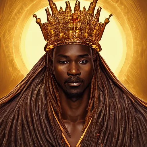 Image similar to an african king wearing a robe made from a lion pelt and a gleaming crown of light, kemetic, D&D, fantasy, intricate, elegant, highly detailed, digital painting, artstation, concept art, matte, sharp focus, illustration, art by Artgerm and Greg Rutkowski and Alphonse Mucha