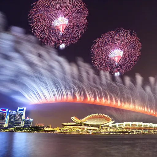 Image similar to Singapore city, Singapore Esplanade, Singapore Marina Bay, with a very very very very very lion-shaped cloud in the sky and fireworks in the sky, by greg rutkowski, red and white lighting, digital art, ultra realistic, ultra detailed, photorealistic, 4k, character concept
