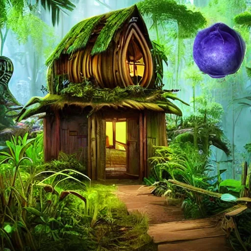 Prompt: small shack with a steep roof in an enchanted swam jungle, afrofuturism, futuristic, African, mystical, glowing potions, large cauldrons, biopunk, green slime, weird, Bizarre, magical