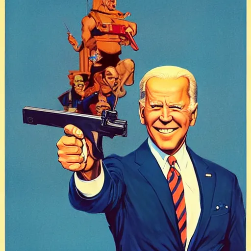 Image similar to propaganda poster of joe biden pointing gun directly at camera, by j. c. leyendecker, bosch, lisa frank, jon mcnaughton, and beksinski