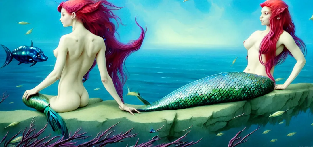 Image similar to photo of a beautiful mermaid and alien fish in the style of roger dean, realistic, sharp focus, 8 k high definition, insanely detailed, intricate, elegant, art by greg rutkowski and artgerm, extreme blur cherry blossoms background