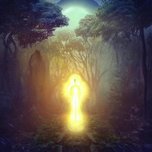 Prompt: a wizard walking towards a ravenous, ominous portal to hades embedded in a creepy tree in a densely overgrown, magical jungle, fantasy, dreamlike sunraise, stopped in time, dreamlike light incidence, ultra realistic