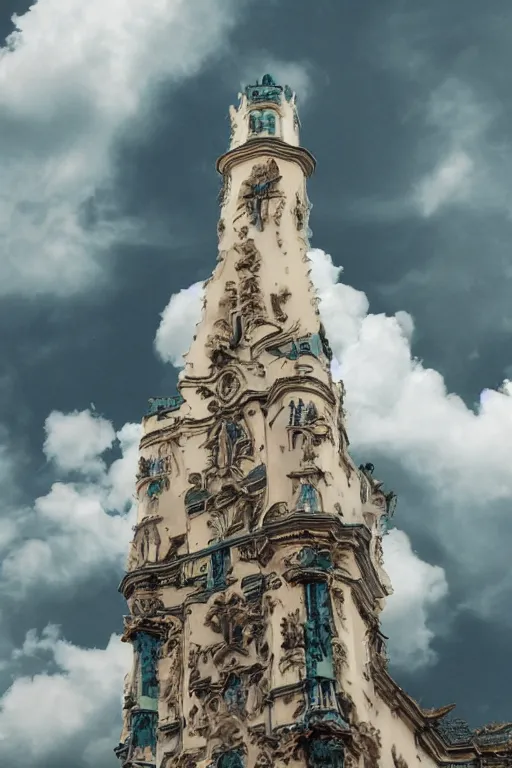 Prompt: closeup portrait of frankenstei breathing vaporwave clouds.. a rococo tower in the background