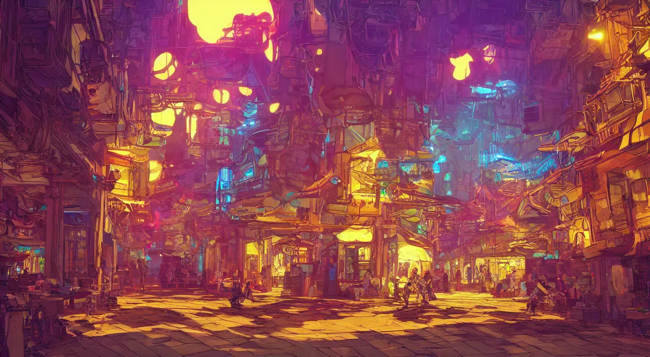 Image similar to bazaar zouk oriantal full color sky shine place mosquet painting stylized digital illustration video game icon global illumination ray tracing that looks like it is from borderlands and by feng zhu and loish and laurie greasley, victo ngai, andreas rocha, john harris