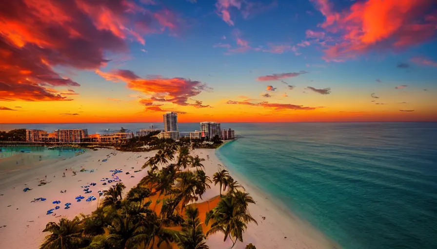 Image similar to miami hotels by leonardo da vinci, unreal engine, digital art, drone photography, sunset, sharp focus, beach, vivid color, clear sky