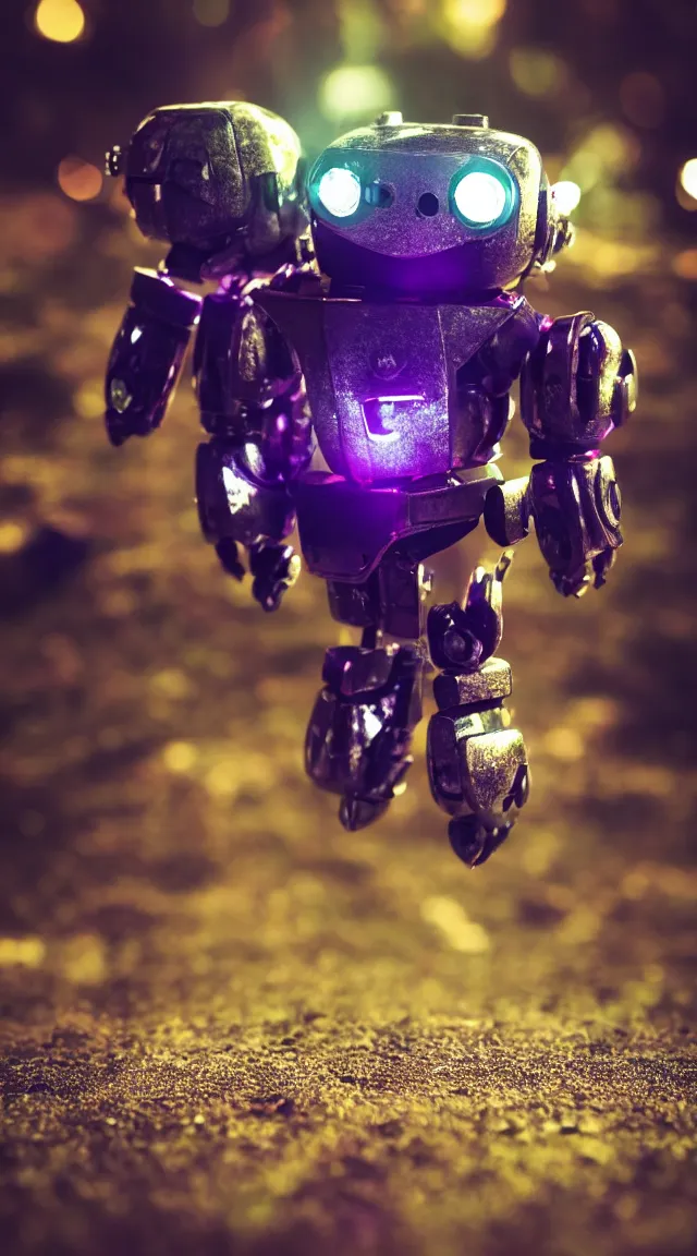 Image similar to tiny robot with purple lights, professional photo, hdr, bokeh, sci fi