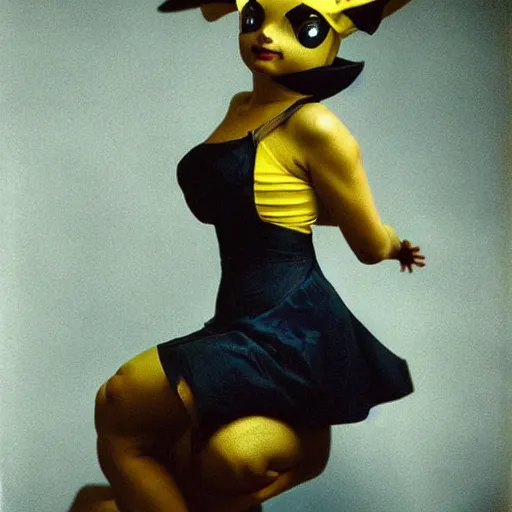 Image similar to elegant woman dressed up as pikachu, art photo by Annie Liebovitz and Alphonse Mucha