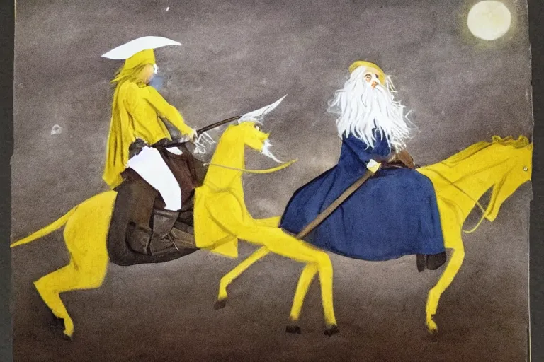 Prompt: Gandalf with a yellow hat riding a horse