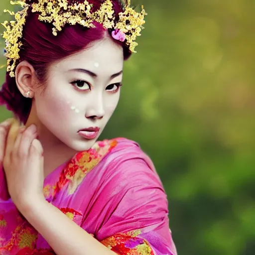 Prompt: photography of the asian queen sitting in the flower thorn, beautiful face, masterpiece costume, jewellery, high quality, elegant, emotionally touching, cool, deep gaze, mystery, tenderness rehahn style