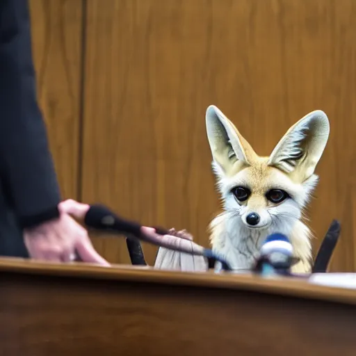 Prompt: a fennec fox testifying in court, photography, highly detailed