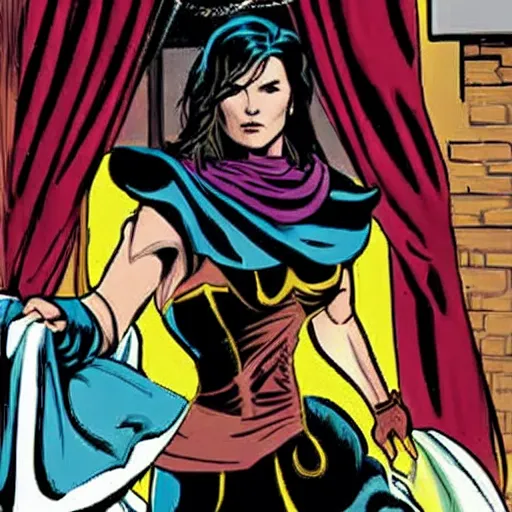 Prompt: in the style of rafael albuquerque comic art, lucy lawless saving the day in a wedding dress.