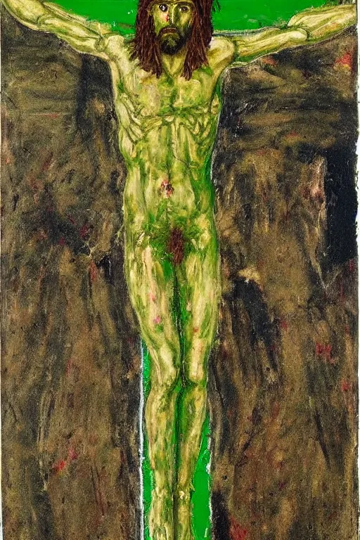 Image similar to green jesus christ crucified painted by cy twombly and basquiat