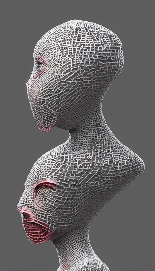 Prompt: a one woman with a futuristic mask on her face, a surrealist sculpture by alexander mcqueen, trending on pinterest, plasticien, biomorphic, made of plastic, a computer rendering by bedwyr williams, featured on zbrush central, holography, multiple exposure, glitch art, glitchy