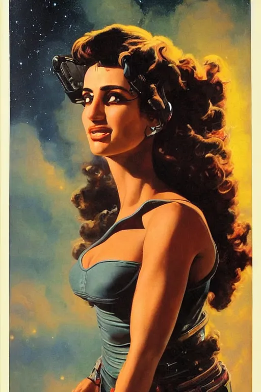 Image similar to oil painting portrait of Penelope Cruz as a scifi explorer standing on a new planet, atmospheric, vintage pulp novel style scifi art by Boris Vallejo, Julie Bell, Frank Frazetta, Greg Rutkowski, Robert McGinnis, and Gil Elvgren,