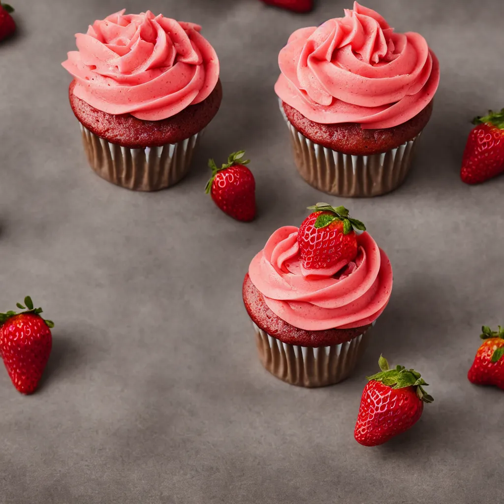 Image similar to strawberry cupcake, dynamic lighting, bokeh, carl zeiss 8 5 mm vintage lens, hyper realistic, award winning food photography