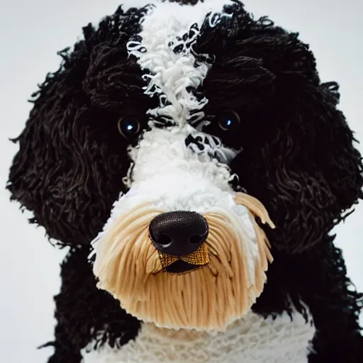 Image similar to a closeup photorealistic photograph of a cute smiling knitted bernedoodle judge dog dressed in a black gown, presiding over the courthouse. indoors, professional capture, well lit shot. this 4 k hd image is trending on artstation, featured on behance, well - rendered, extra crisp, features intricate detail, epic composition and the style of unreal engine.