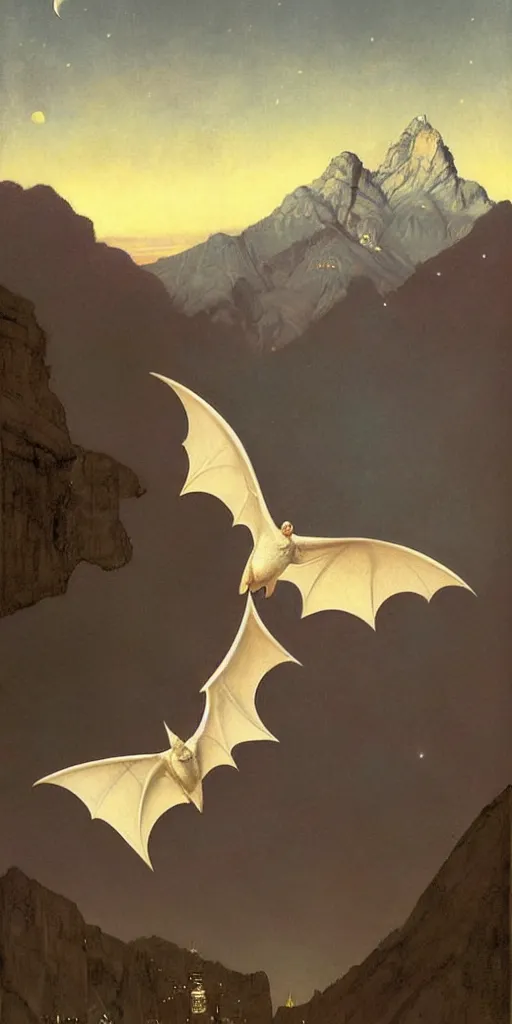 Image similar to a white bat, flying against a night sky, mountain in the background, moonlight, denoised, very detailed, painted by james gurney, norman rockwell, tom bagshaw