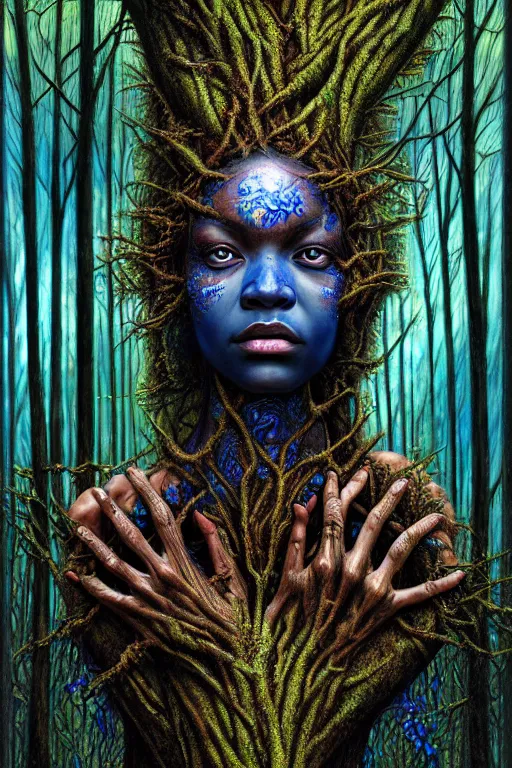 Prompt: hyperrealistic expressive! black woman with detailed exoskeleton armor, touching tree in a forest, digital art masterpiece brad kunkle hannah yata dramatic blue light low angle hd 8k sharp focus