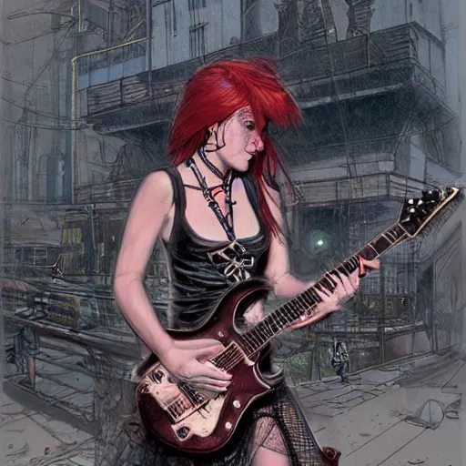 Prompt: Punk girl playing electric guitar in a steampunk city, concept art, by James Gurney and Moebius